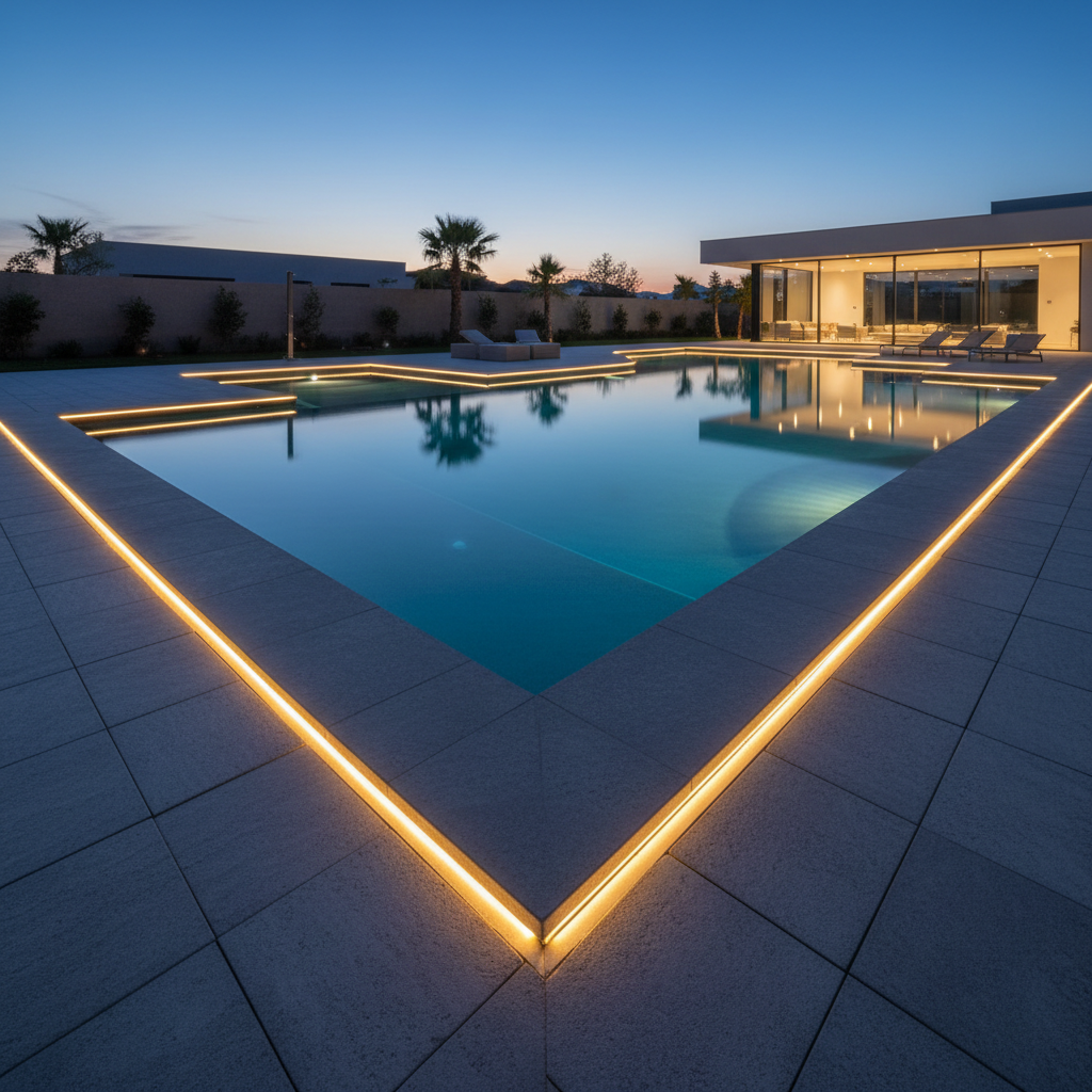 Illuminated swimming pool with exterior lighting at night